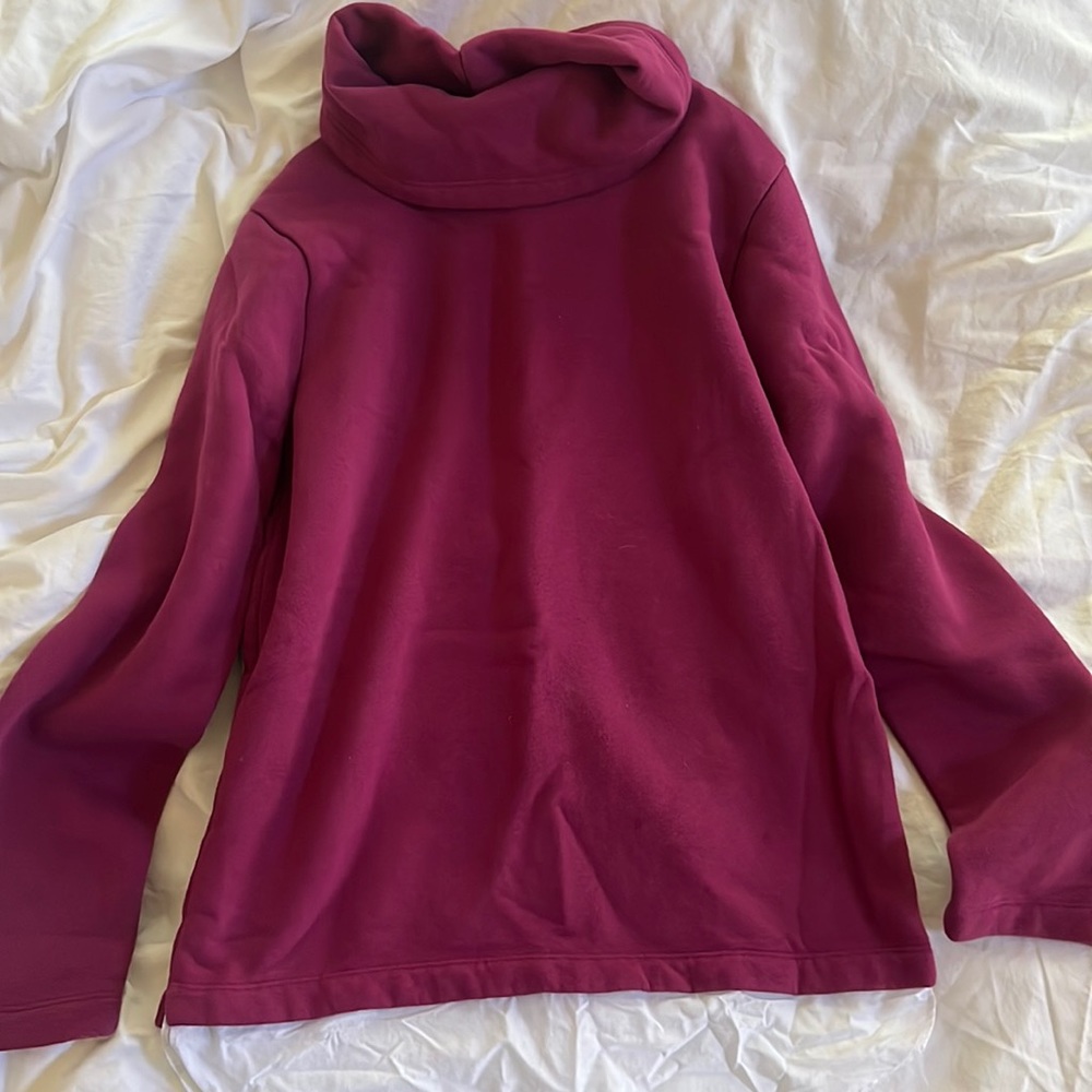 J. Crew cowl neck sweater with faux shirt tail.